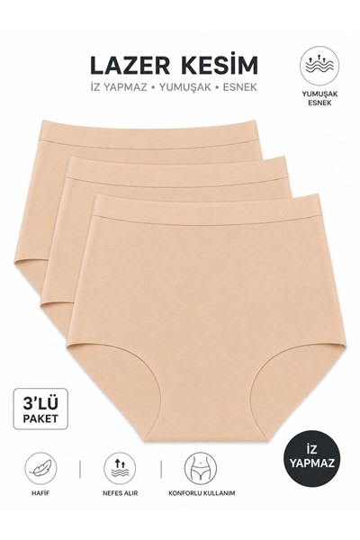 Kadın (Beli Lastikli) 3lü Dikişsiz Lazer Kesim Iz Yapmaz Likralı Extra Yüksek Bel Bato Külot Premium Esnek ve Yumuşak