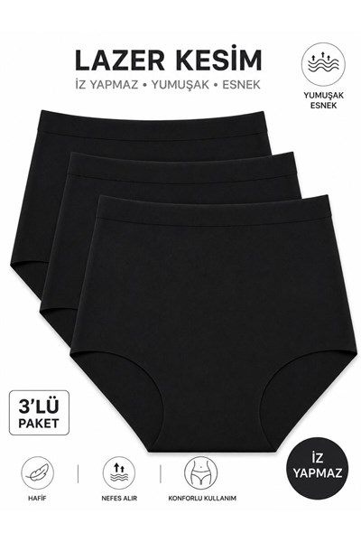 Kadın (Beli Lastikli) 3lü Dikişsiz Lazer Kesim Iz Yapmaz Likralı Extra Yüksek Bel Bato Külot Premium Esnek ve Yumuşak