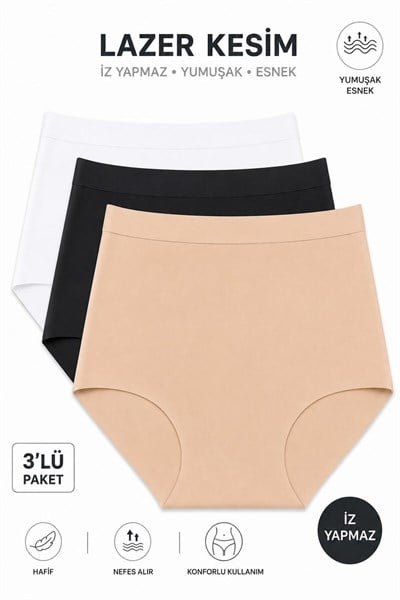 Kadın (Beli Lastikli) 3lü Dikişsiz Lazer Kesim Iz Yapmaz Likralı Extra Yüksek Bel Bato Külot Premium Esnek ve Yumuşak
