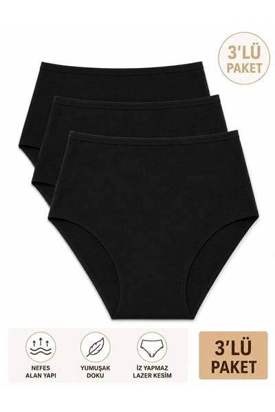 Kadın (Beli Lastikli) 3lü Dikişsiz Lazer Kesim Iz Yapmaz Likralı Yüksek Bel Bikini Slip Külot Premium Esnek ve Yumuşak