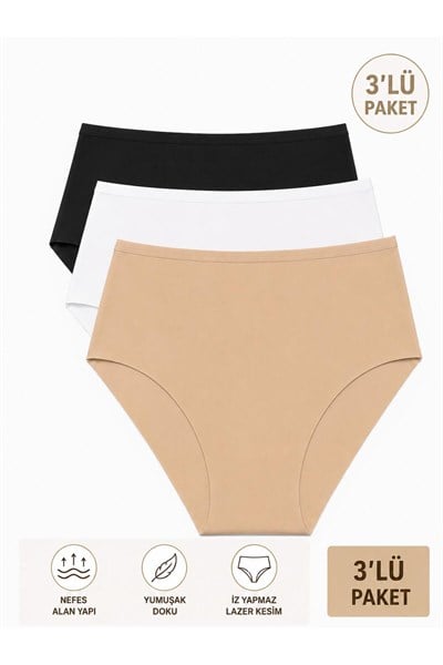 Kadın (Beli Lastikli) 3lü Dikişsiz Lazer Kesim Iz Yapmaz Likralı Yüksek Bel Bikini Slip Külot Premium Esnek ve Yumuşak