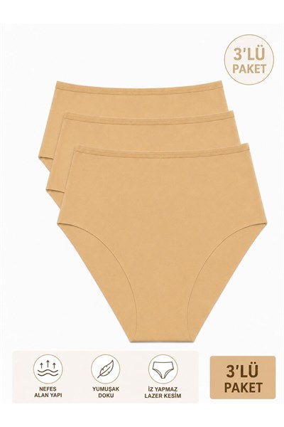 Kadın (Beli Lastikli) 3lü Dikişsiz Lazer Kesim Iz Yapmaz Likralı Yüksek Bel Bikini Slip Külot Premium Esnek ve Yumuşak