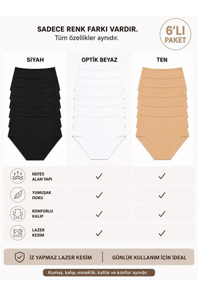 Kadın (Beli Lastikli) 6lı Dikişsiz Lazer Kesim Iz Yapmaz Likralı Yüksek Bel Bikini Slip Külot Premium Esnek ve Yumuşak