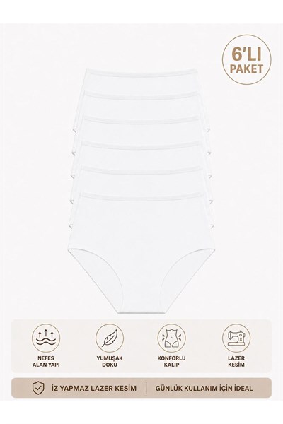 Kadın (Beli Lastikli) 6lı Dikişsiz Lazer Kesim Iz Yapmaz Likralı Yüksek Bel Bikini Slip Külot Premium Esnek ve Yumuşak
