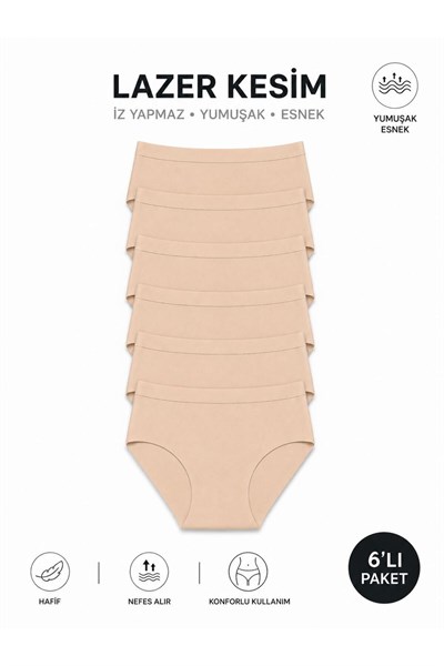 Kadın (Beli Lastikli) 6lı Dikişsiz Lazer Kesim Iz Yapmaz Likralı Extra Yüksek Bel Bato Külot Premium Esnek ve Yumuşak