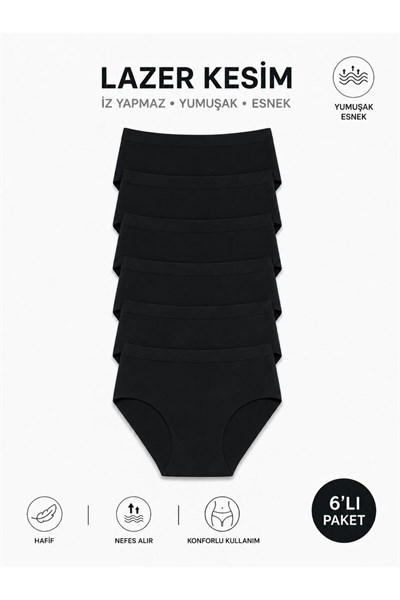 Kadın (Beli Lastikli) 6lı Dikişsiz Lazer Kesim Iz Yapmaz Likralı Extra Yüksek Bel Bato Külot Premium Esnek ve Yumuşak