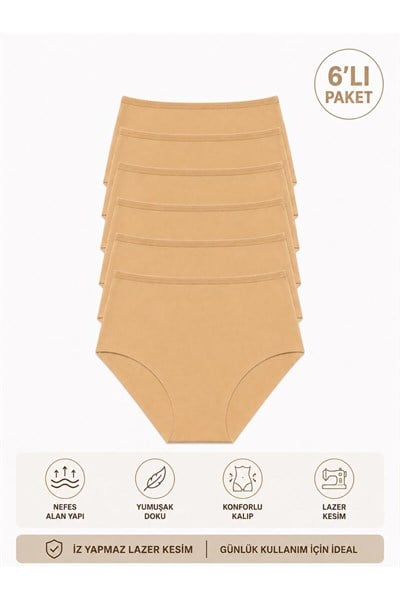 Kadın (Beli Lastikli) 6lı Dikişsiz Lazer Kesim Iz Yapmaz Likralı Yüksek Bel Bikini Slip Külot Premium Esnek ve Yumuşak