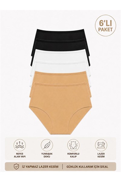 Kadın (Beli Lastikli) 6lı Dikişsiz Lazer Kesim Iz Yapmaz Likralı Yüksek Bel Bikini Slip Külot Premium Esnek ve Yumuşak