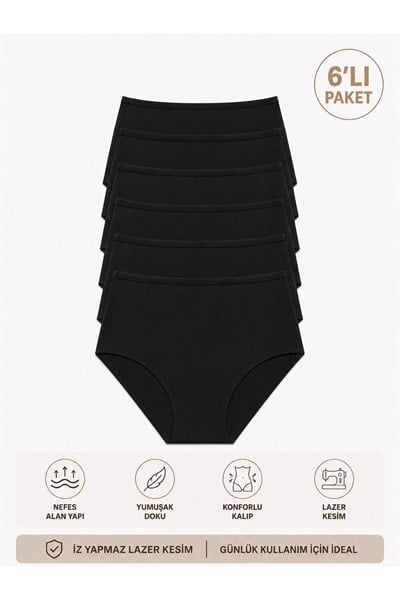 Kadın (Beli Lastikli) 6lı Dikişsiz Lazer Kesim Iz Yapmaz Likralı Yüksek Bel Bikini Slip Külot Premium Esnek ve Yumuşak