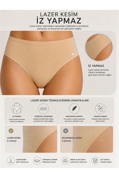 Kadın (Beli Lastikli) 6lı Dikişsiz Lazer Kesim Iz Yapmaz Likralı Bikini Slip Külot Premium Esnek ve Yumuşak