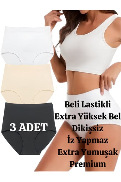 Kadın Extra Yüksek Bel Dikişsiz Lazer Kesim Külot (BELİ LASTİKLİ) 3lü Set