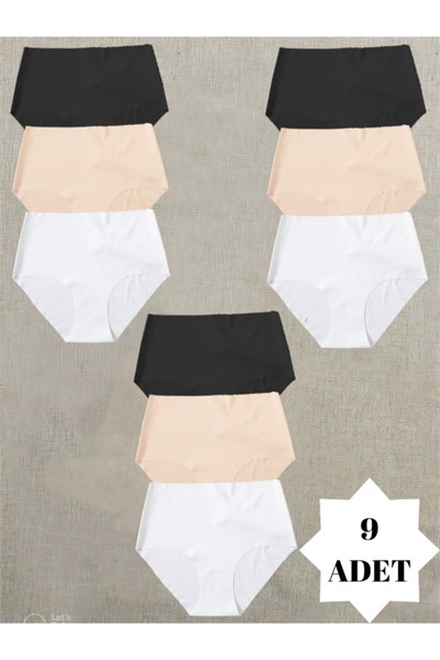 Kadın Yüksek Bel 9lu Paket Dikişsiz Lazer Kesim Iz Yapmaz Bikini Slip Külot
