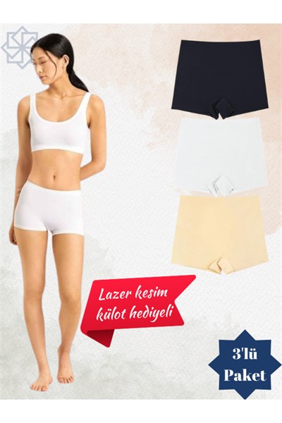 LAZER KESİM KÜLOT HEDİYELİ LAZER KESİM DİKİŞSİZ KADIN BOXER 3LÜ PAKET