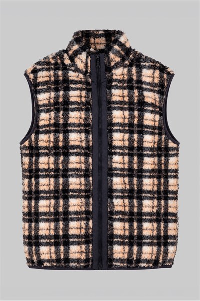 Unisex Siyah Bej Ekru Ekose Desenli Peluş Yelek – Dik Yaka, Fermuarlı, Kolsuz, Oversize