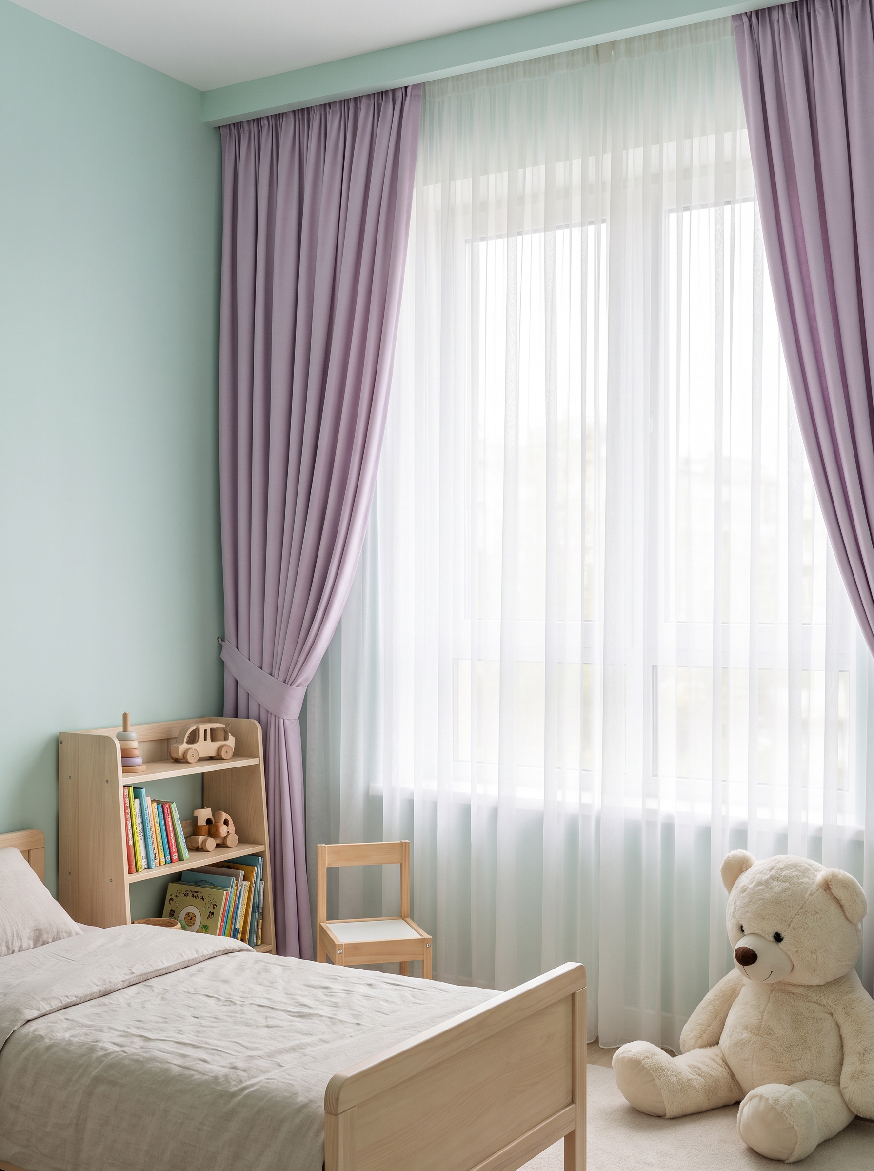 Çocuk odası için pastel tonlarda tül ve blackout fon perde seti