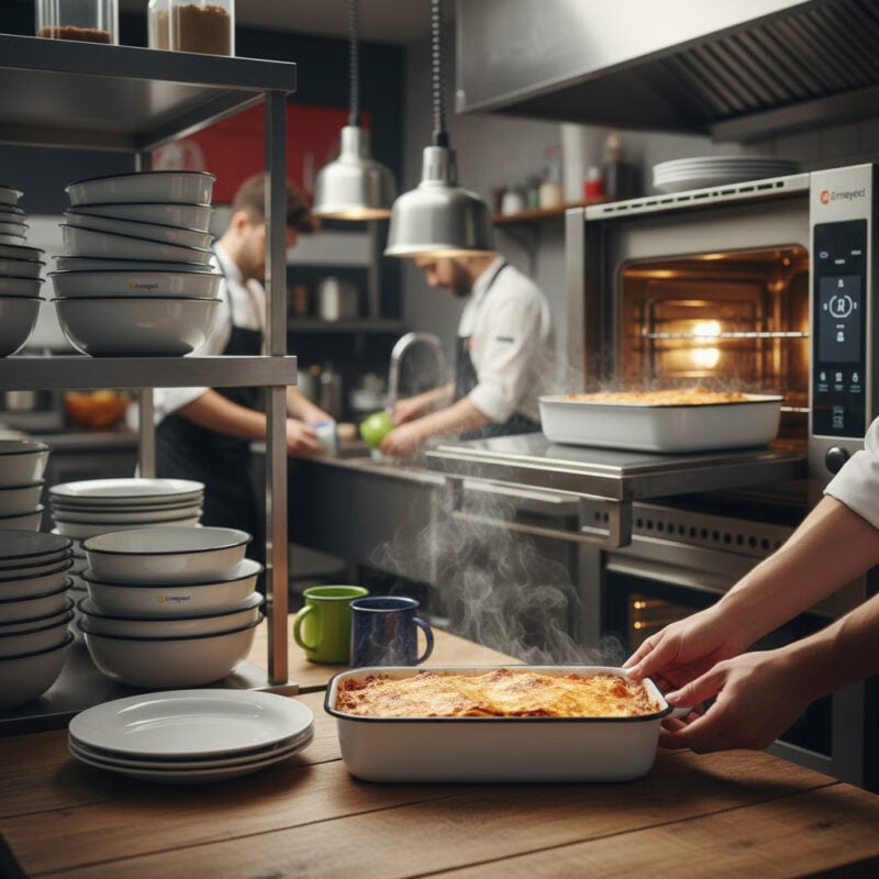 Butik restoran mutfağında operasyonel verimlilik sağlayan toptan emaye kase ve fırın kapları.