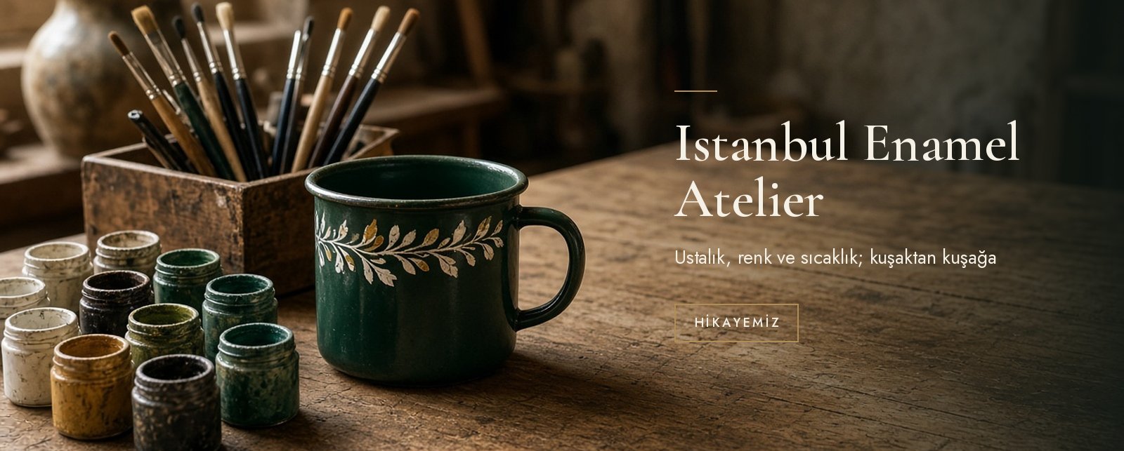 Pigments and brushes in an enamel atelier