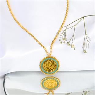 ALTIN14 Ayar El Yapımı Antika Mavi Taşlı Hat Yazılı Kolye