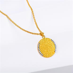 ALTIN14 Ayar El Yapımı Antika Taş Detaylı Kolye