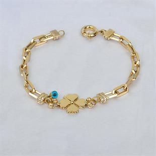 ALTIN14 Ayar Nazar Boncuk Detaylı Yonca Bileklik