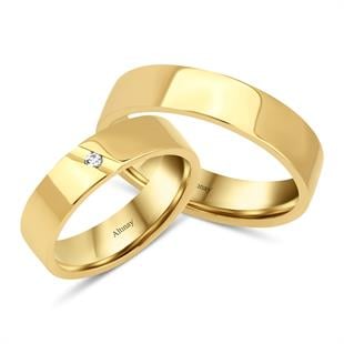 TAŞLI ALYANS14 Ayar 5 mm Tek Taşlı Düz Çift Altın Alyans Yüzük14 Ayar 5 mm Tek Taşlı Düz Çift Altın Alyans Yüzük