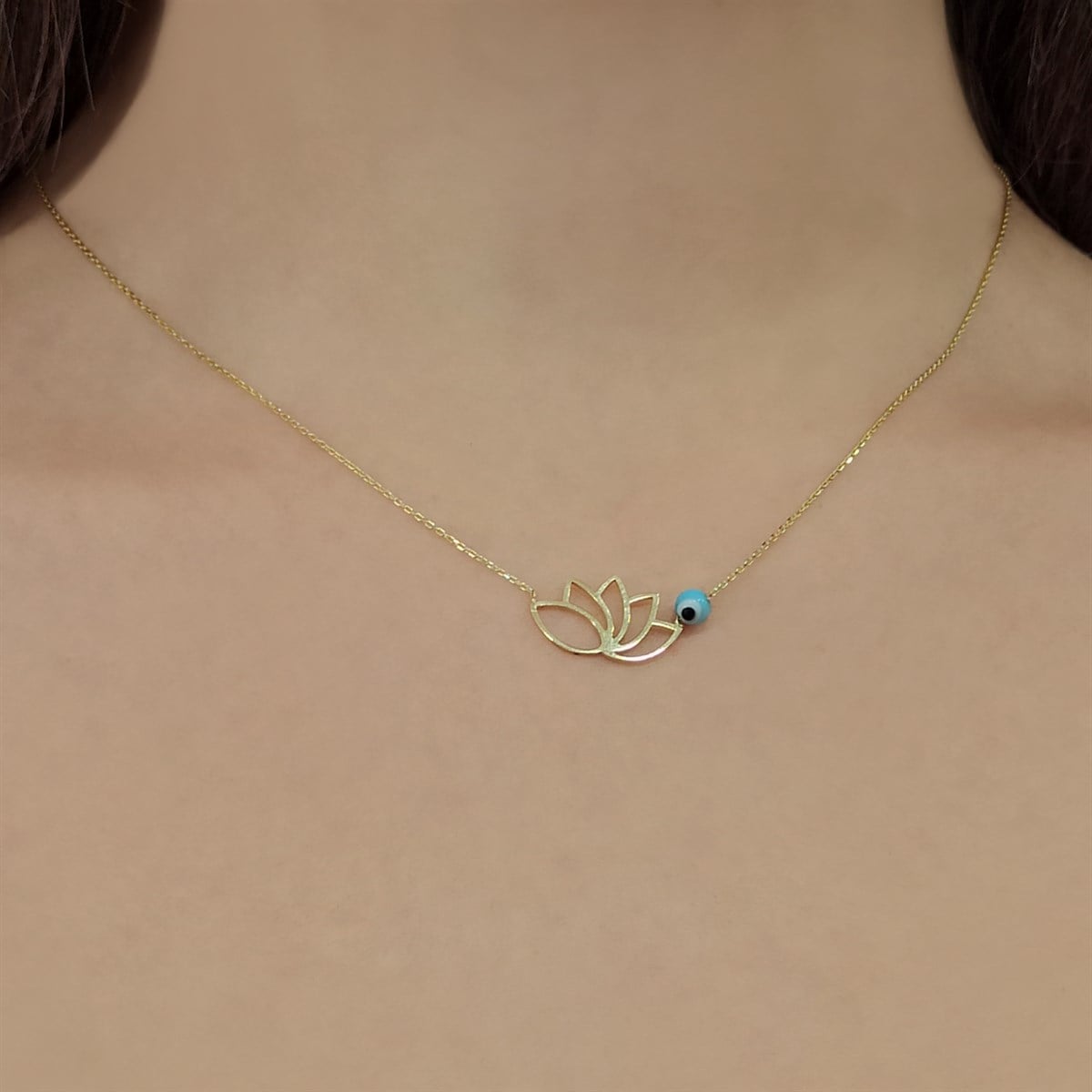 KOLYE14 Ayar Altın Lotus Çiçeği Nazar Boncuklu Kolye