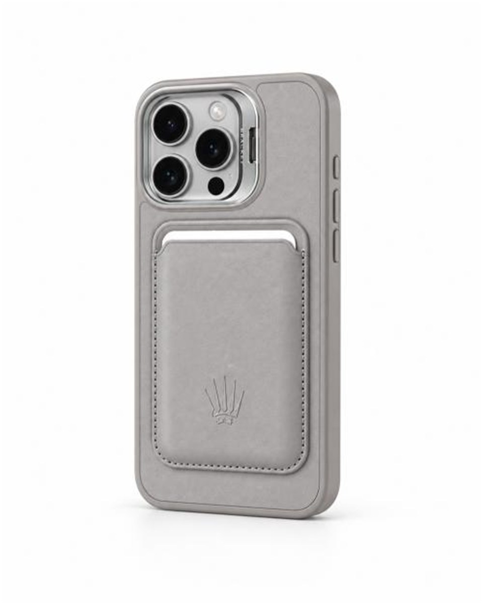PrimeCase Iphone 15 Pro Max Gri Manyetik Özellikli Standlı Deri Kılıf+Kartlık