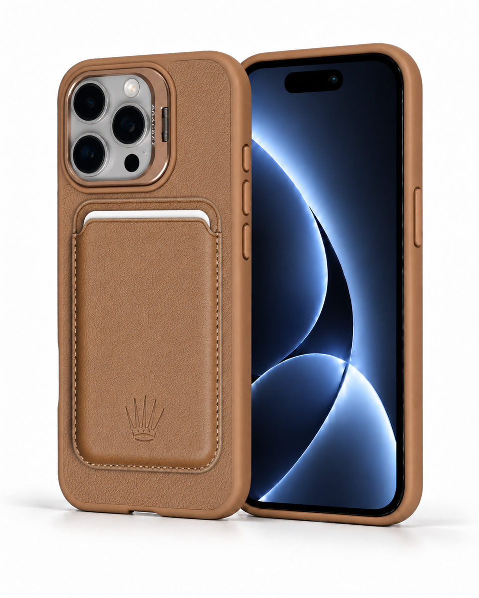 PrimeCase Iphone 15 Pro Max Kahverengi Manyetik Özellikli Standlı Deri Kılıf+Kartlık