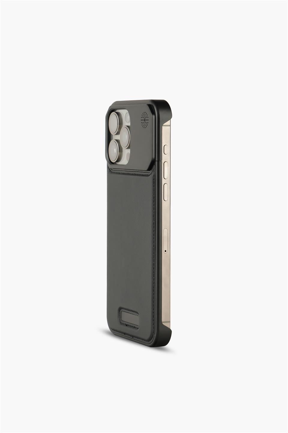 Therock 15 Pro Max Siyah Manyetik Özellikli Alüminyum Alaşımlı Hakiki Deri,Kokulu Metal Kızaklı Telefon Kılıfı