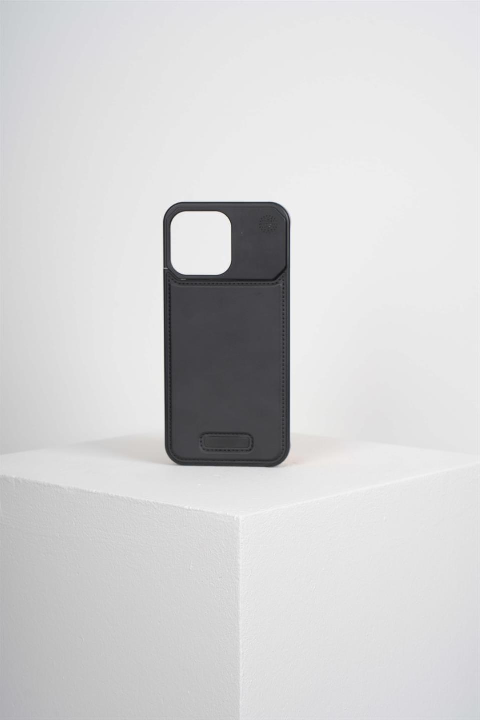 Therock 15 Pro Max Siyah Manyetik Özellikli Alüminyum Alaşımlı Hakiki Deri,Kokulu Metal Kızaklı Telefon Kılıfı