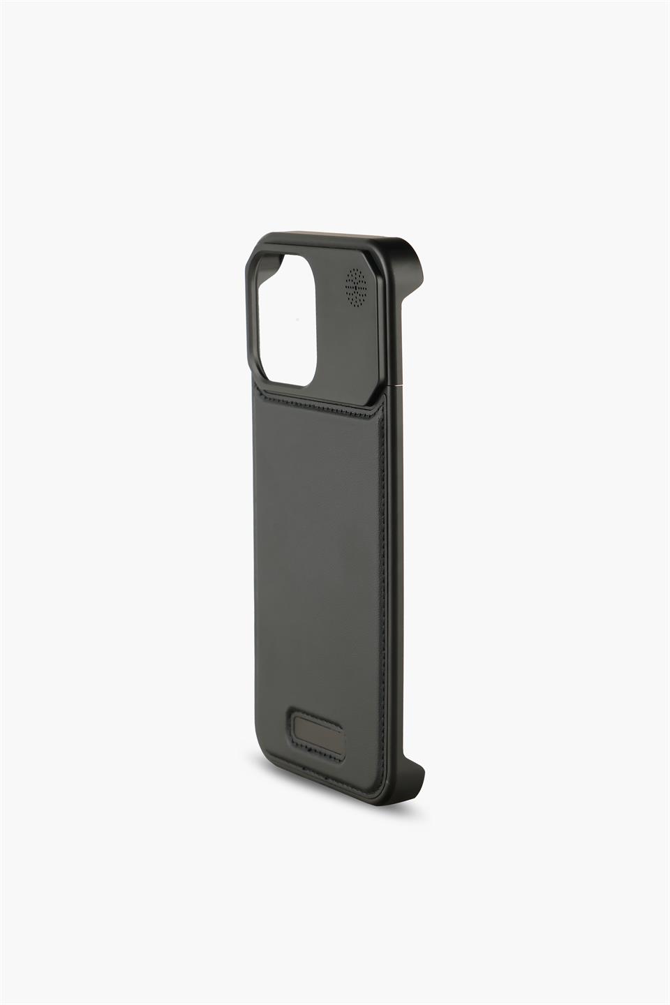 Therock 15 Pro Max Siyah Manyetik Özellikli Alüminyum Alaşımlı Hakiki Deri,Kokulu Metal Kızaklı Telefon Kılıfı