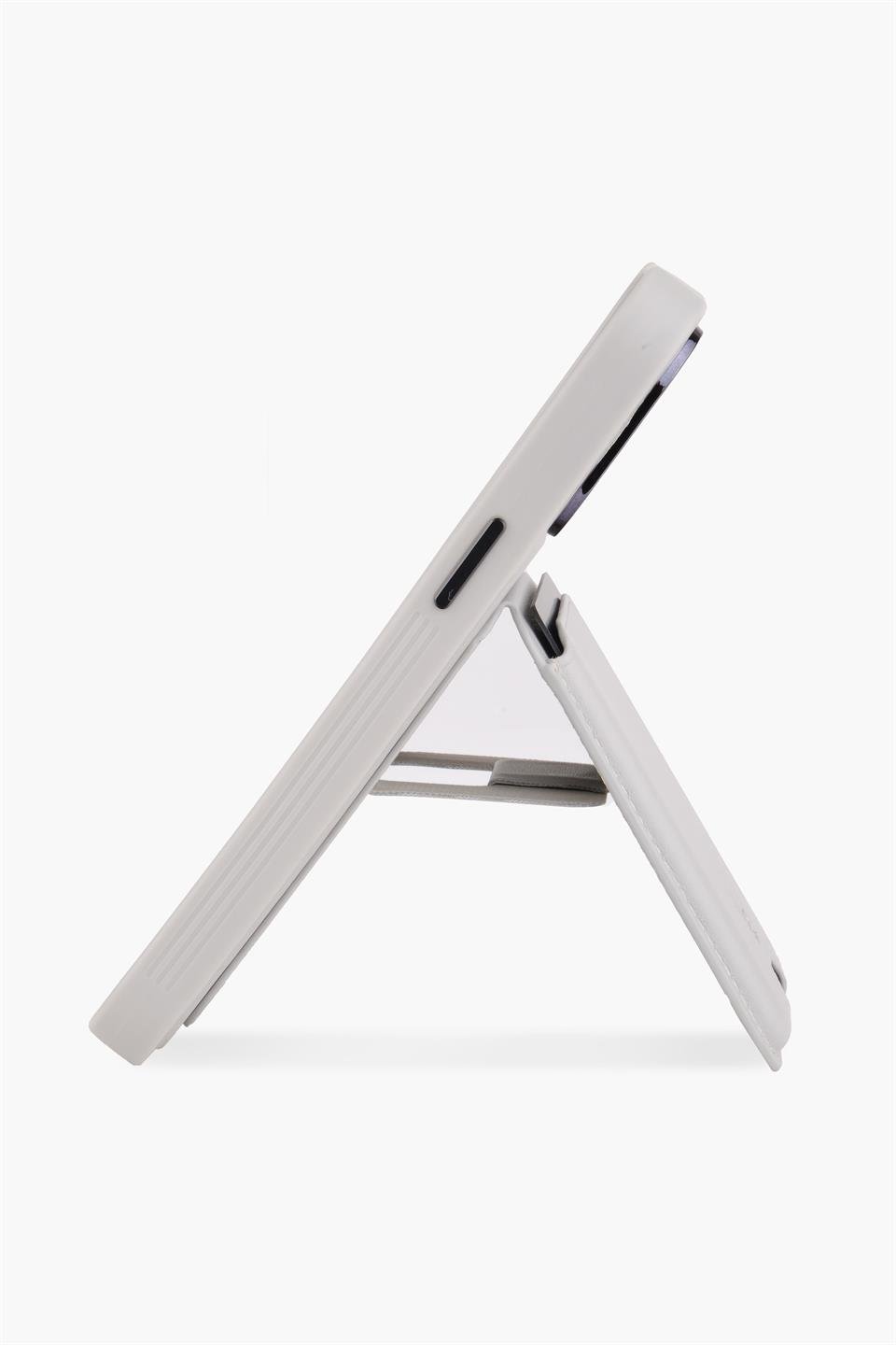 STANDLI IPHONE 15 GRİ DERİ TELEFON KILIFI