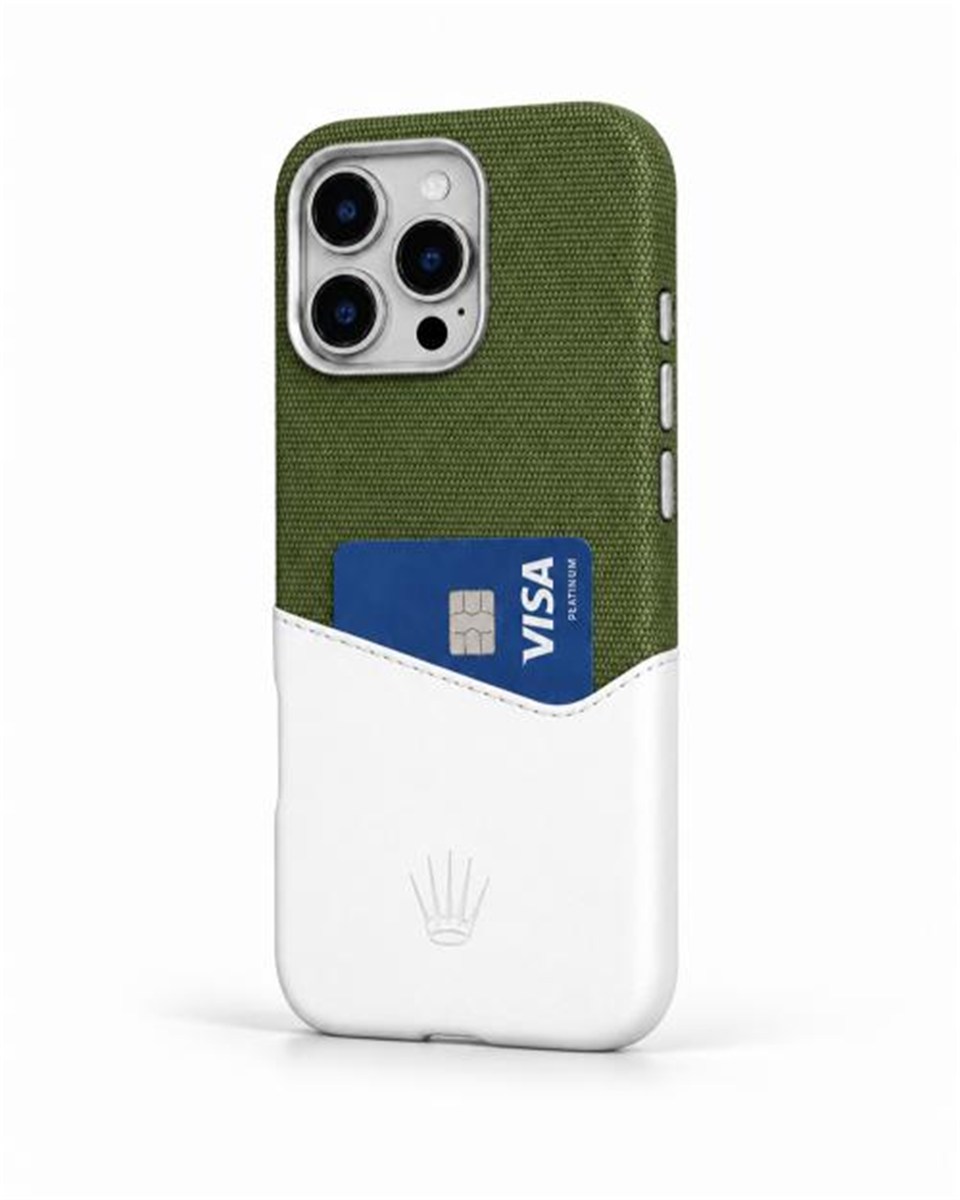 Nova Iphone 16 Pro Max Deri Kartlıklı Telefon Kılıfı Yeşil-Beyaz Şık ve Koruyucu
