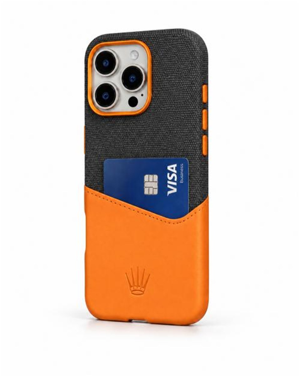 Nova Iphone 16 Pro Max Deri Kartlıklı Telefon Kılıfı Turuncu-Siyah Şık ve Koruyucu