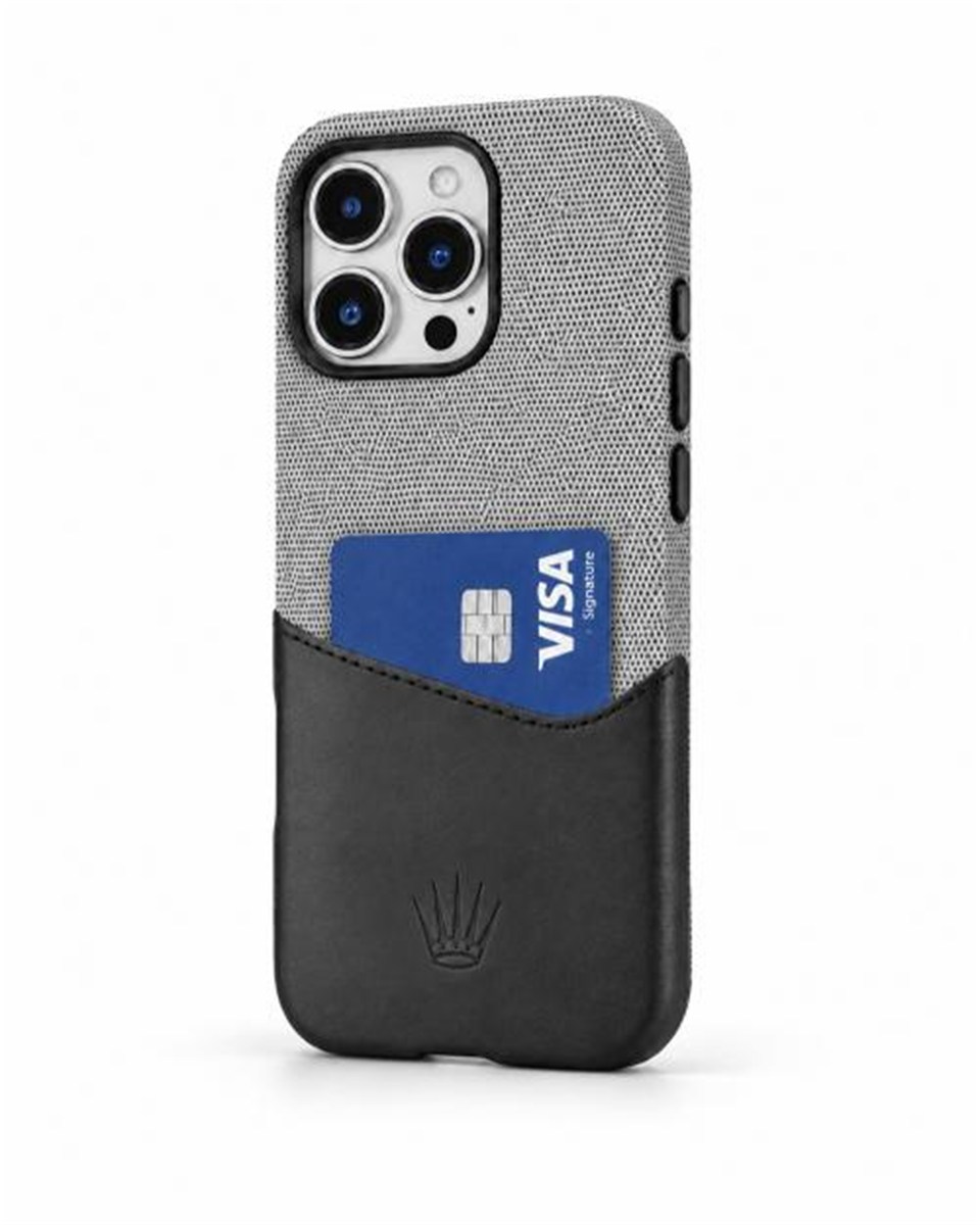 Nova Iphone 16 Pro Max Deri Kartlıklı Telefon Kılıfı Gri-Siyah Şık ve Koruyucu