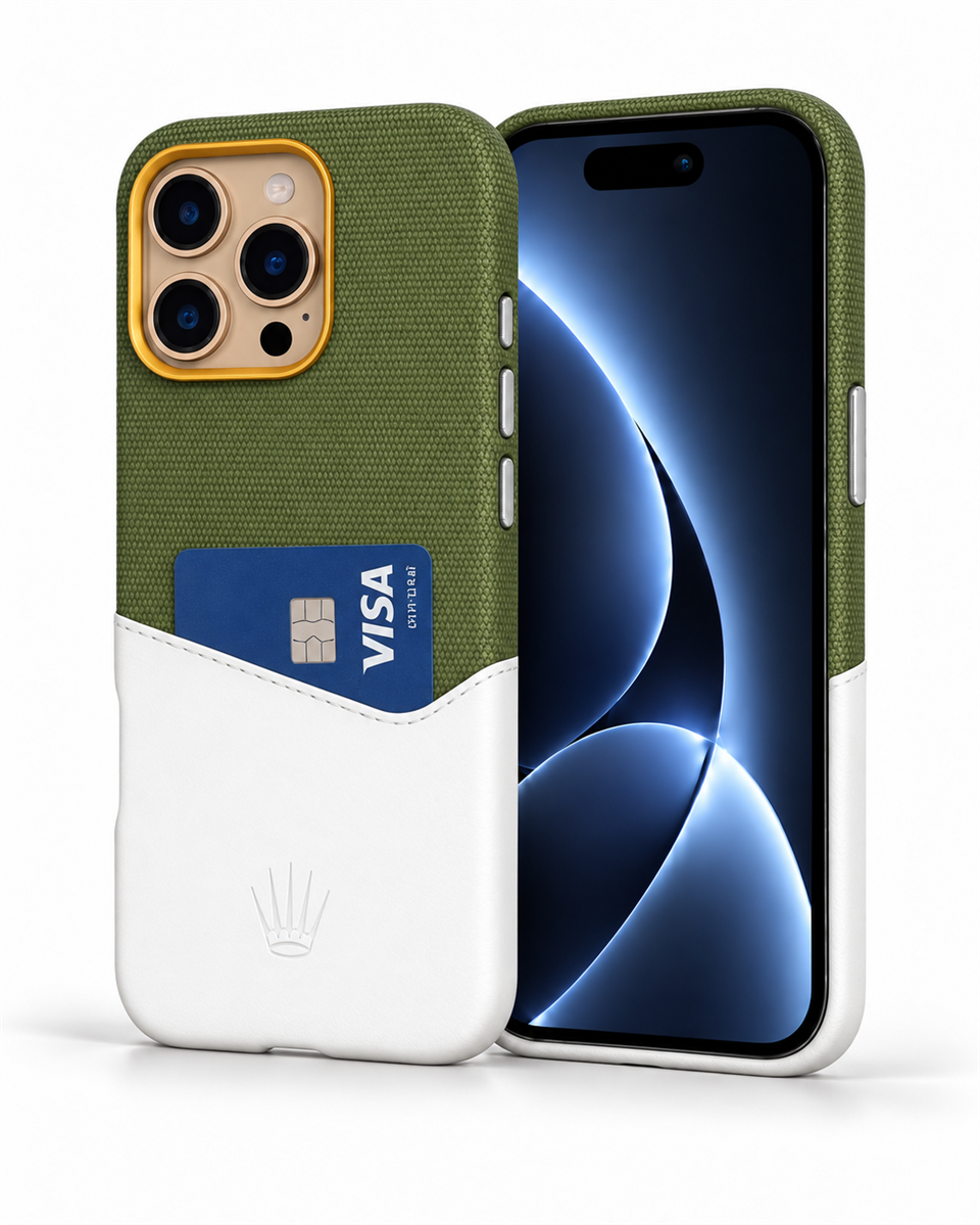 Nova Iphone 16 Pro Max Deri Kartlıklı Telefon Kılıfı Yeşil-Beyaz   