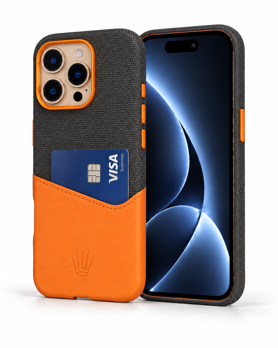 Nova Iphone 16 Pro Max Deri Kartlıklı Telefon Kılıfı Turuncu-Siyah 