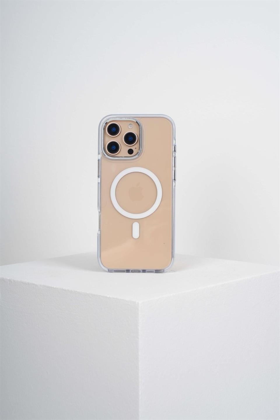 Onyx  Iphone 16 Pro Max Beyaz Kılıf Manyetik Özellikli Şeffaf Sert Pc Embos Kılıf+Kamera Koruyucu