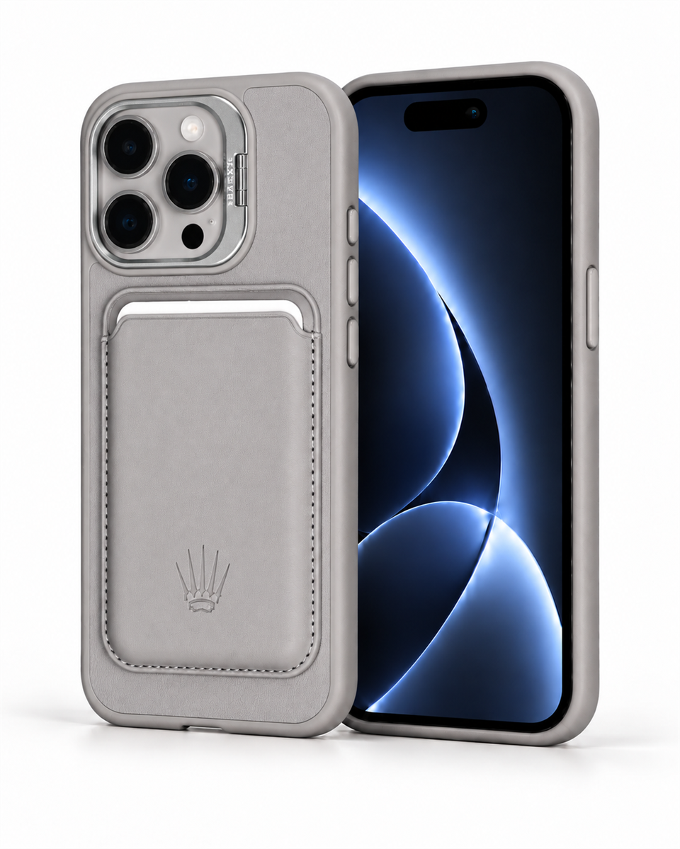PrimeCase Iphone 16 Pro Max Gri Manyetik Özellikli Standlı Deri Kılıf+Kartlık
