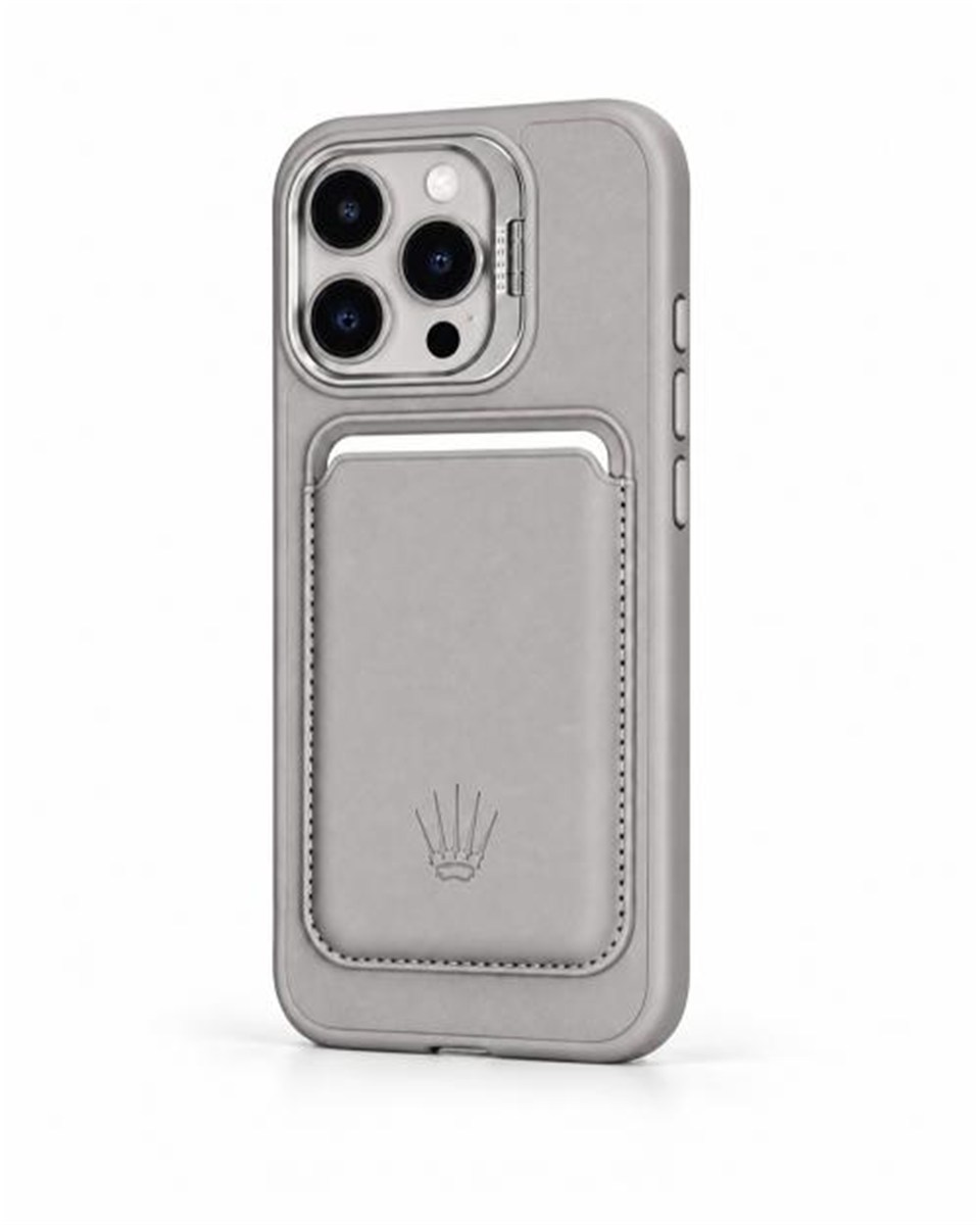 PrimeCase Iphone 16 Pro Max Gri Manyetik Özellikli Standlı Deri Kılıf+Kartlık