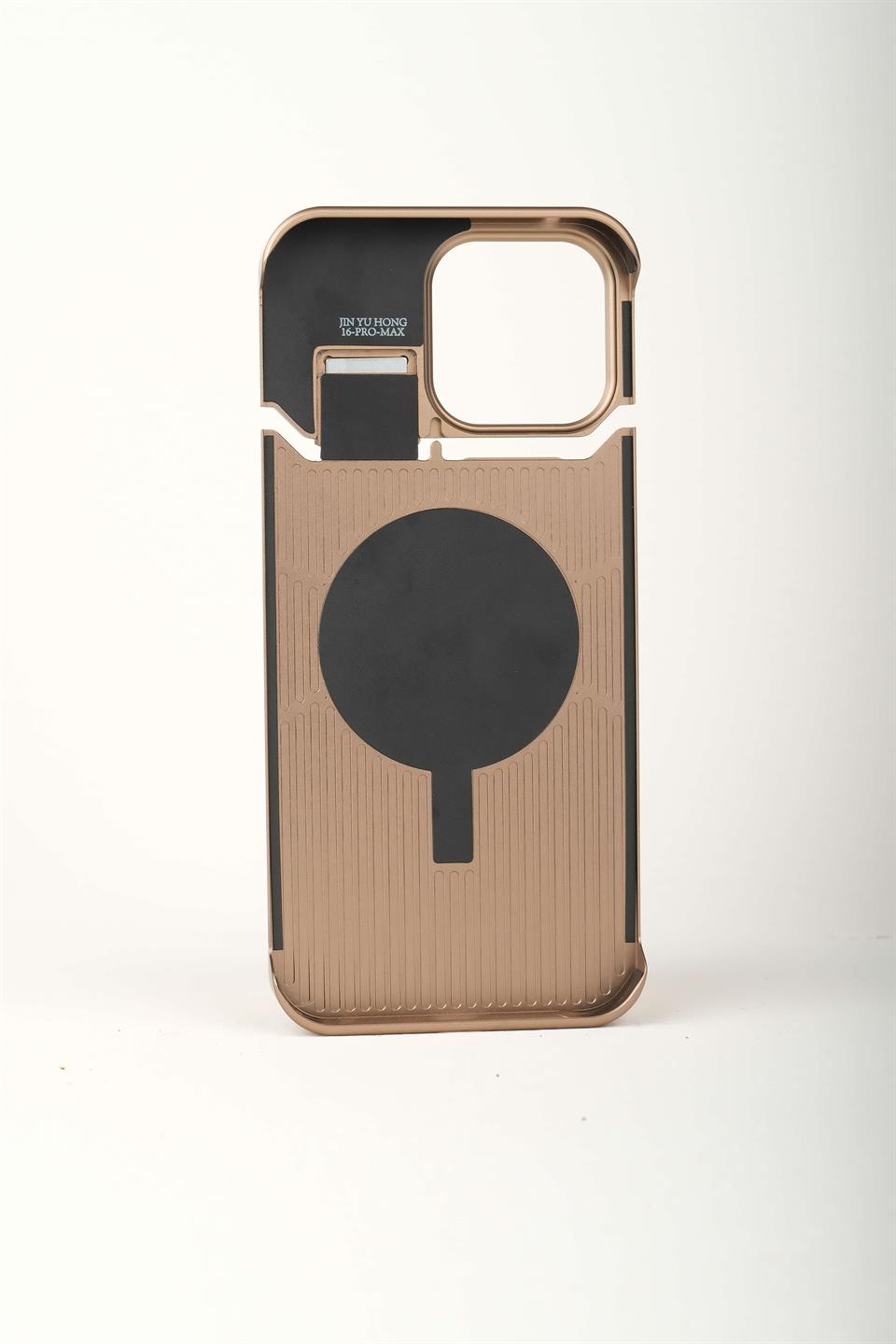 Therock 16 Pro Max Rose Manyetik Özellikli Alüminyum Alaşımlı Hakiki Deri,Kokulu Metal Kızaklı Telefon Kılıfı