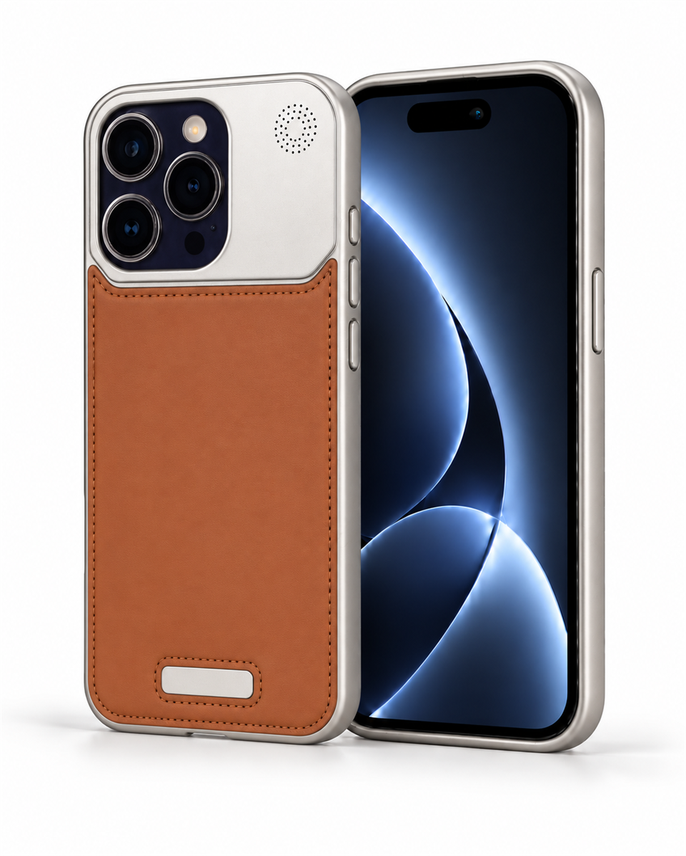 Therock 16 Pro Max Taba Manyetik Özellikli Alüminyum Alaşımlı Hakiki Deri,Kokulu Metal Kızaklı Telefon Kılıfı