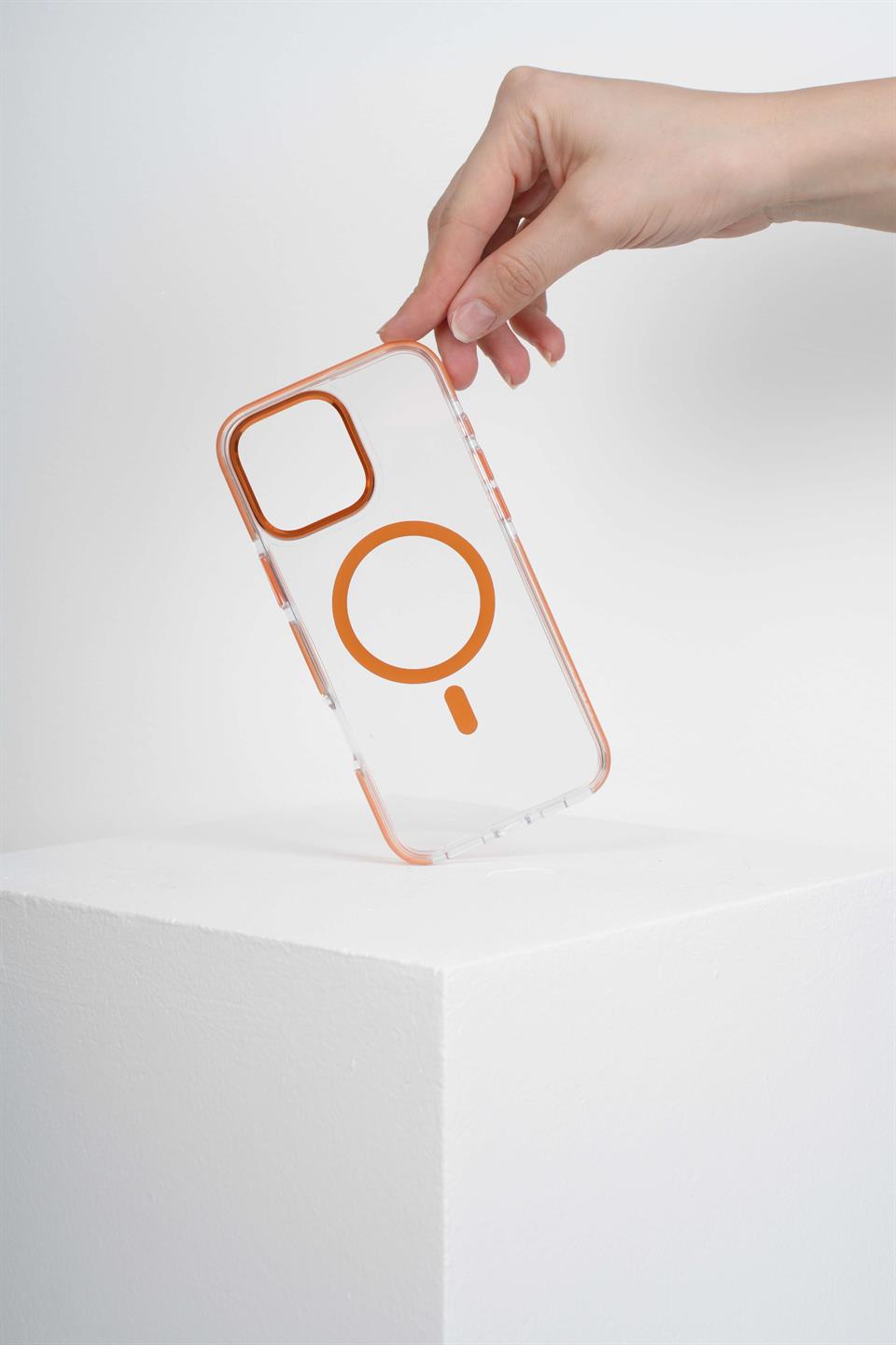 Onyx  Iphone 16 Pro Max Turuncu Kılıf Manyetik Özellikli Şeffaf Sert Pc Embos Kılıf+Kamera Koruyucu