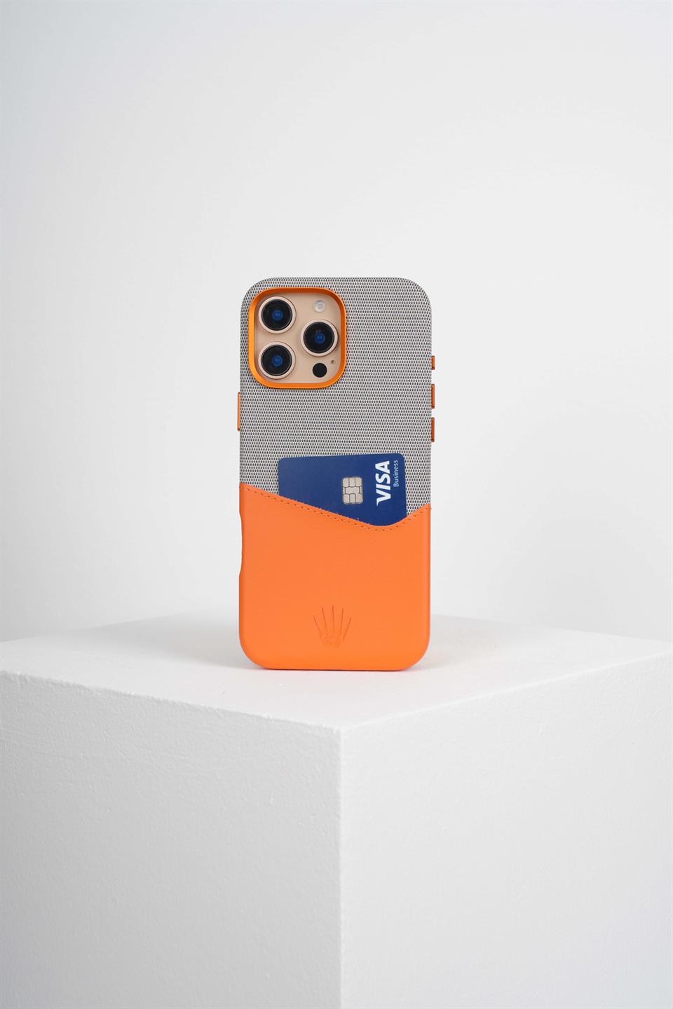 Nova Iphone 16 Pro Max Deri Kartlıklı Telefon Kılıfı Gri-Turuncu 