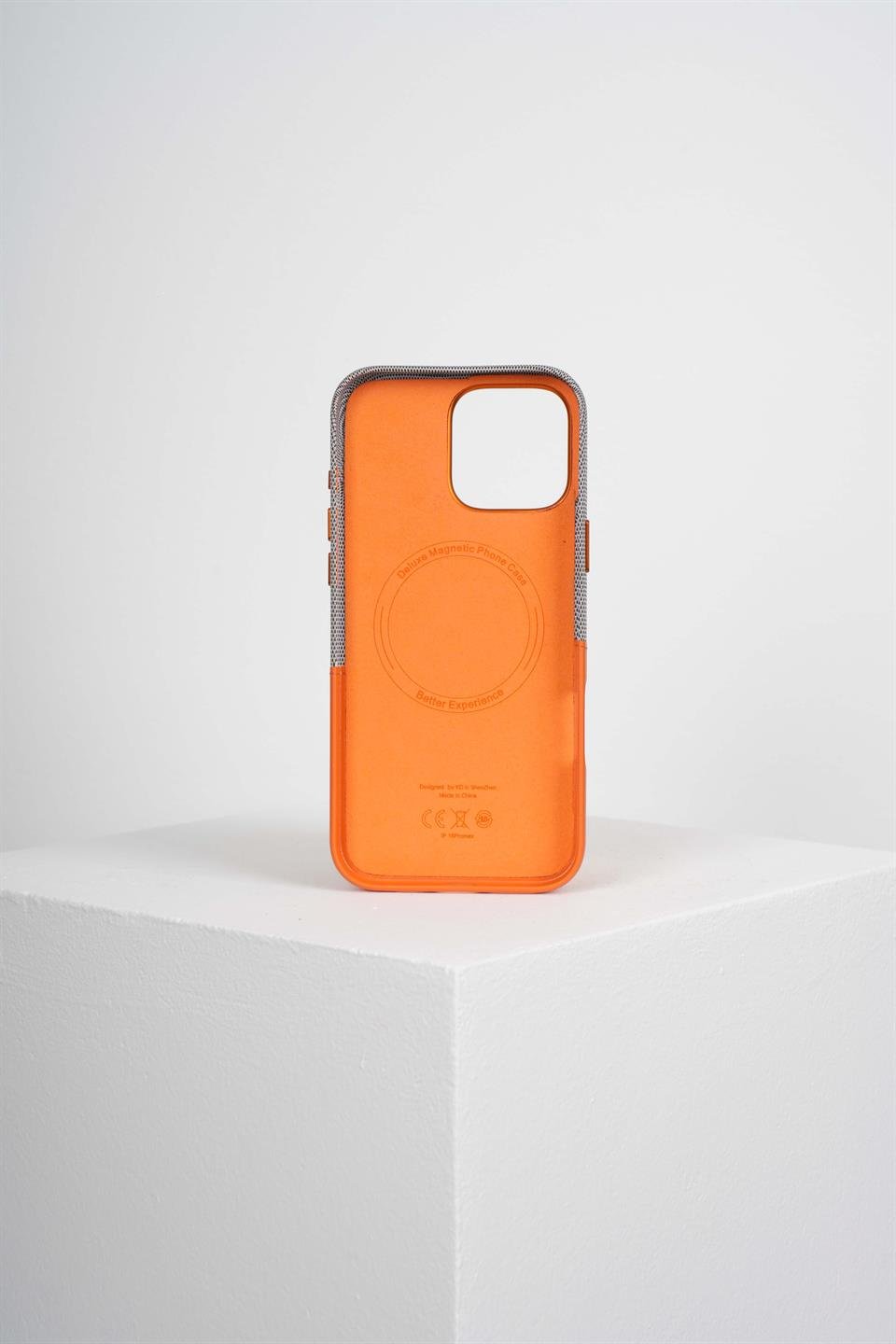 Nova Iphone 16 Pro Max Deri Kartlıklı Telefon Kılıfı Gri-Turuncu 