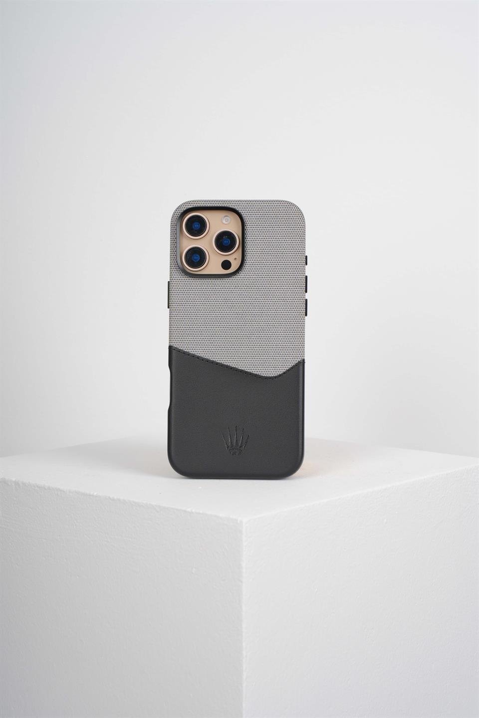 Nova Iphone 16 Pro Deri Kartlıklı Telefon Kılıfı Gri-Siyah 