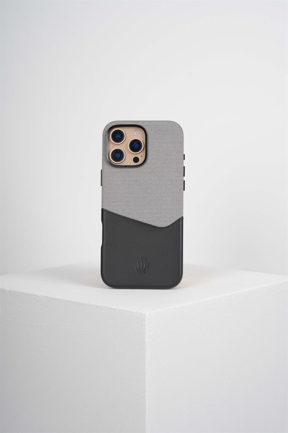 Nova Iphone 16 Pro Max Deri Kartlıklı Telefon Kılıfı Gri-Siyah 