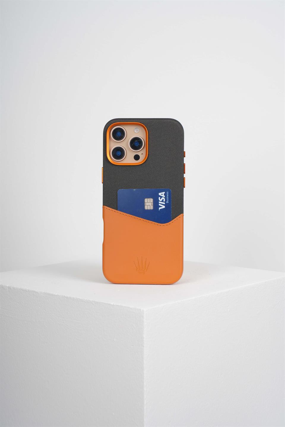 Nova Iphone 16 Pro Max Deri Kartlıklı Telefon Kılıfı Turuncu-Siyah 