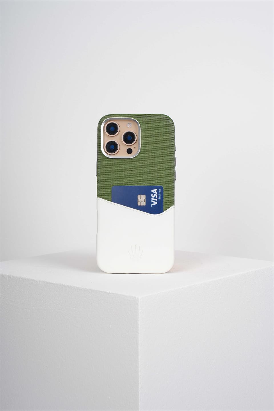 Nova Iphone 16 Pro Deri Kartlıklı Telefon Kılıfı Yeşil-Beyaz 