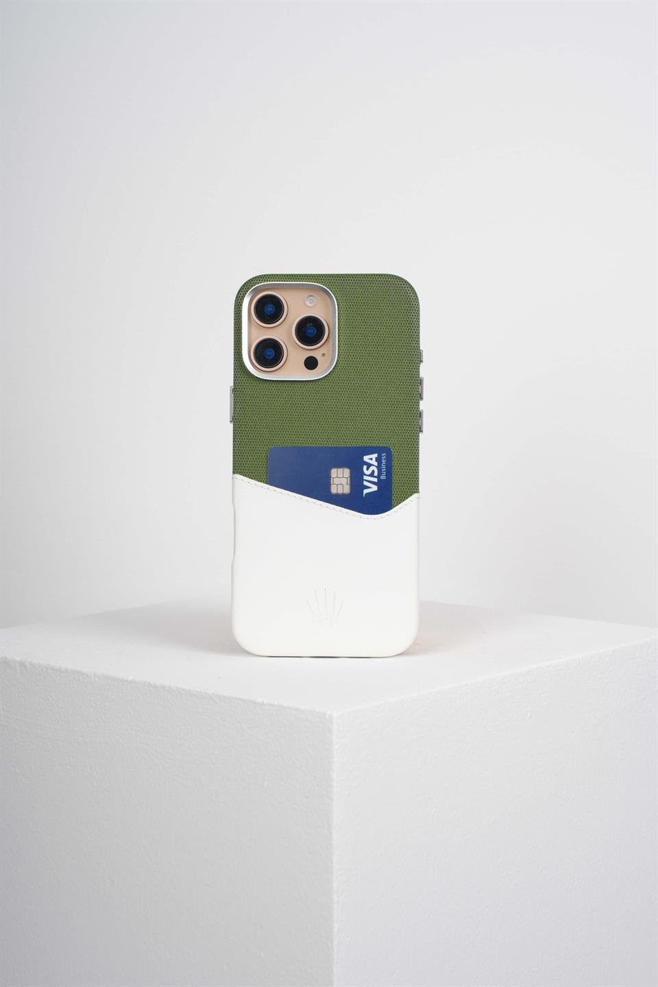 Nova Iphone 16 Pro Max Deri Kartlıklı Telefon Kılıfı Yeşil-Beyaz   